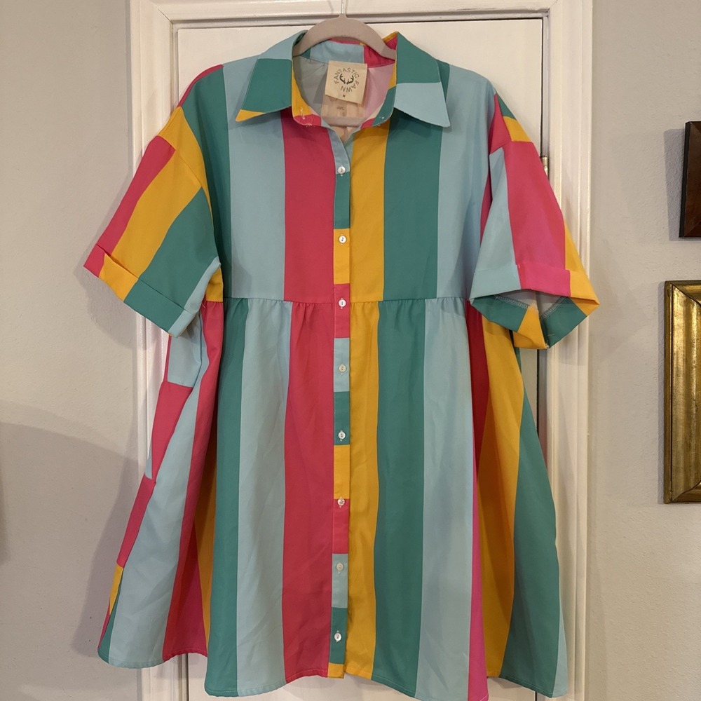 Fantastic Fawn Rainbow Sherbet Stripe Baby Doll Dress Medium Boutique Shirtdress - Picture 2 of 10